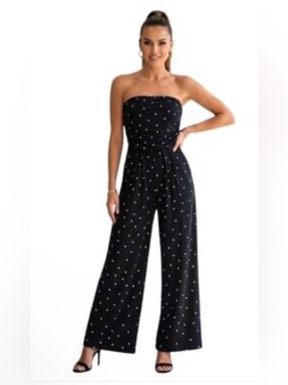 Heart & Hips Black Strapless Polka Dot Wide-Leg Jumpsuit